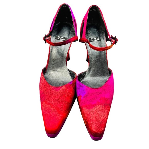 Stuart Weitzman Fabric Printed Sandals Red Orange Leather Trim Sz 8 1/2 - Picture 1 of 12